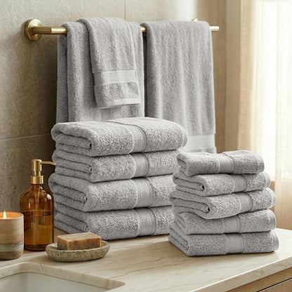 SUPERIOR Egyptian Cotton Ultra Plush & Absorbent, 12 Piece Set, Silver | Heavyweight 12 Pc Egyptian Cotton Towel Set Includes 4 Bath Towels 4 Hand Towels 4 Washcloths Decorative Rope Border