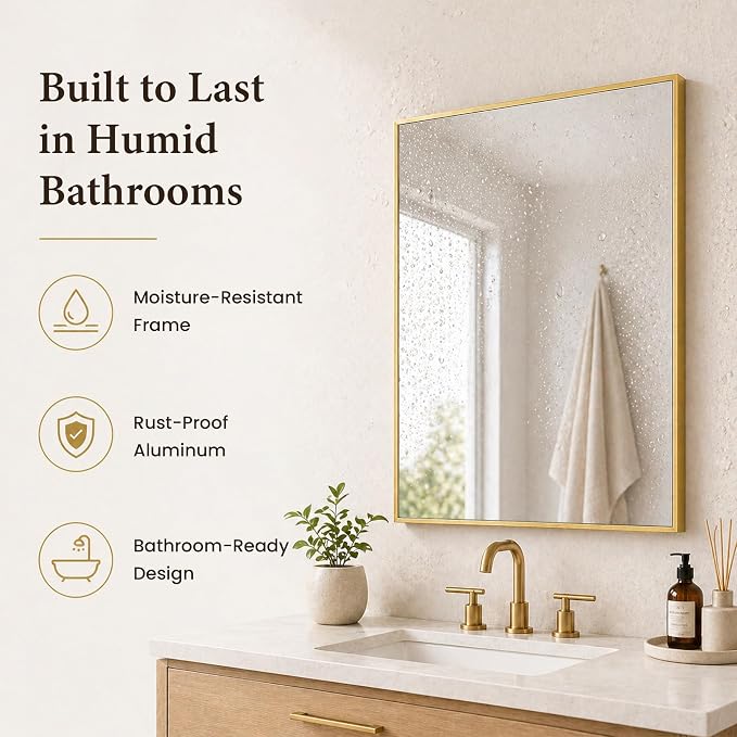 2-Pack 24"x36" Brushed Gold Framed Bathroom Vanity Wall Mirrors | Taller Vanity Pair, Balanced Twin-Sink Look, Matching Finish Across Rooms, Vertical/Horizontal Hanging, Tempered Glass