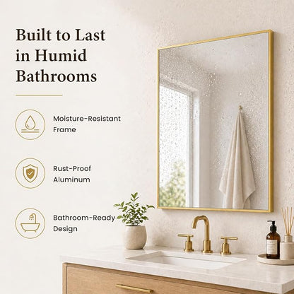 2-Pack 24"x36" Brushed Gold Framed Bathroom Vanity Wall Mirrors | Taller Vanity Pair, Balanced Twin-Sink Look, Matching Finish Across Rooms, Vertical/Horizontal Hanging, Tempered Glass