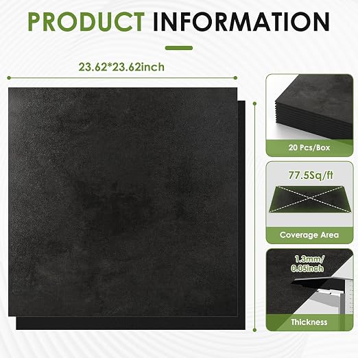 RORA 24x24 Inch Peel and Stick Floor Tile 20-Pack Waterproof Vinyl | Covers 80 Sq.Ft, Self-Adhesive Removable, Easy DIY install, Black Vinyl Floor Tiles for Bathroom, Kitchen, Laundry & Office