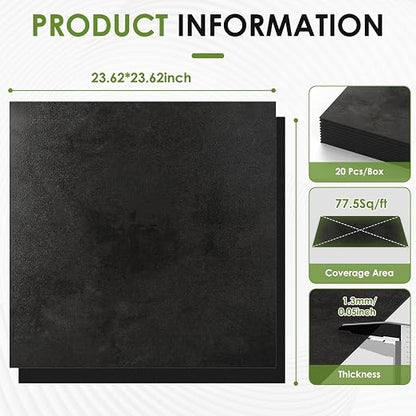 RORA 24x24 Inch Peel and Stick Floor Tile 20-Pack Waterproof Vinyl | Covers 80 Sq.Ft, Self-Adhesive Removable, Easy DIY install, Black Vinyl Floor Tiles for Bathroom, Kitchen, Laundry & Office