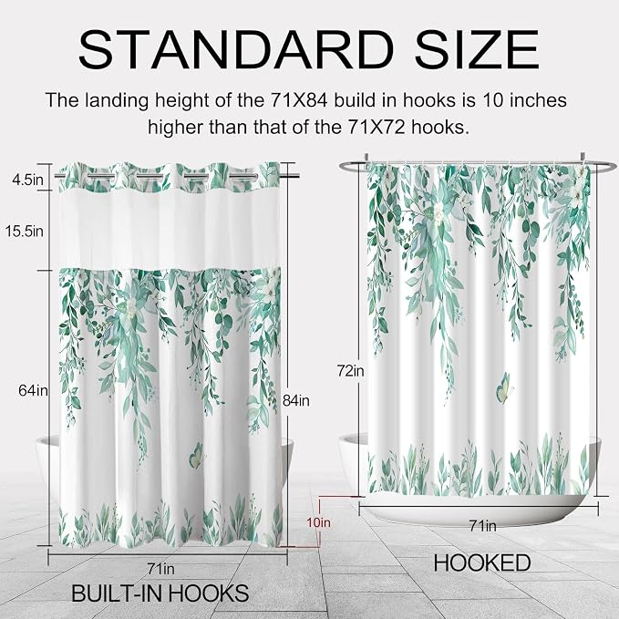 No Hook Shower Curtain and Liner Set, Teal Eucalyptus 71x84 | Floral Design, with Snap in Liner, See-Through Top Window, Waterproof, Machine Washable, Quick-Drying, for Hotel Bathroom
