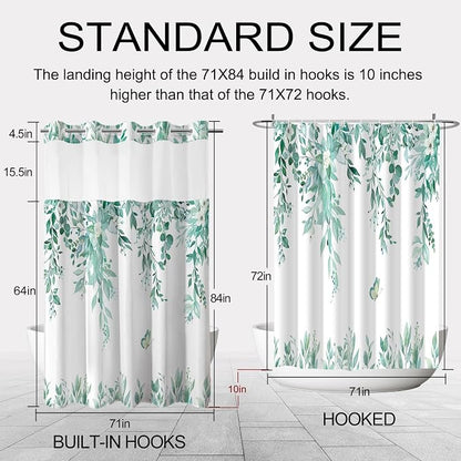 No Hook Shower Curtain and Liner Set, Teal Eucalyptus 71x84 | Floral Design, with Snap in Liner, See-Through Top Window, Waterproof, Machine Washable, Quick-Drying, for Hotel Bathroom