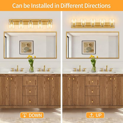 5 Light Modern Bathroom Light Fixtures Over Mirror, Brass Finish Vanity Lights for Bathroom Wall Sconces with Clear Glass Shades, E26 Socket (Bulbs Not Included)