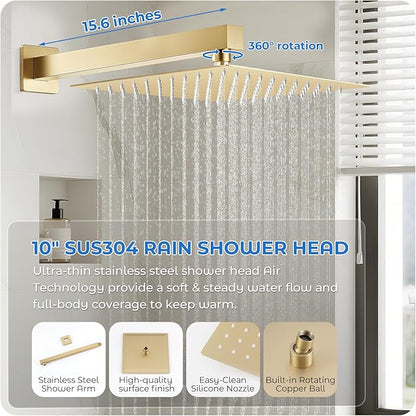 Gold Shower Faucet Set, 10 inch Rain Shower System with Pressure Balance Valve, Wall Mounted 2-Functions Bathroom Shower Systems with Rain Shower and Handheld Spray Shower Trim Included