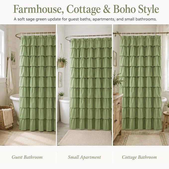 Sage Green Ruffle Shower Curtain for Bathroom, 72x72 inch, 1 Panel | Boho Cottage Chic Style, Soft Microfiber Fabric, Standard-Size Ruffled Curtain, 12 Hooks Included, Machine Washable, Opaque
