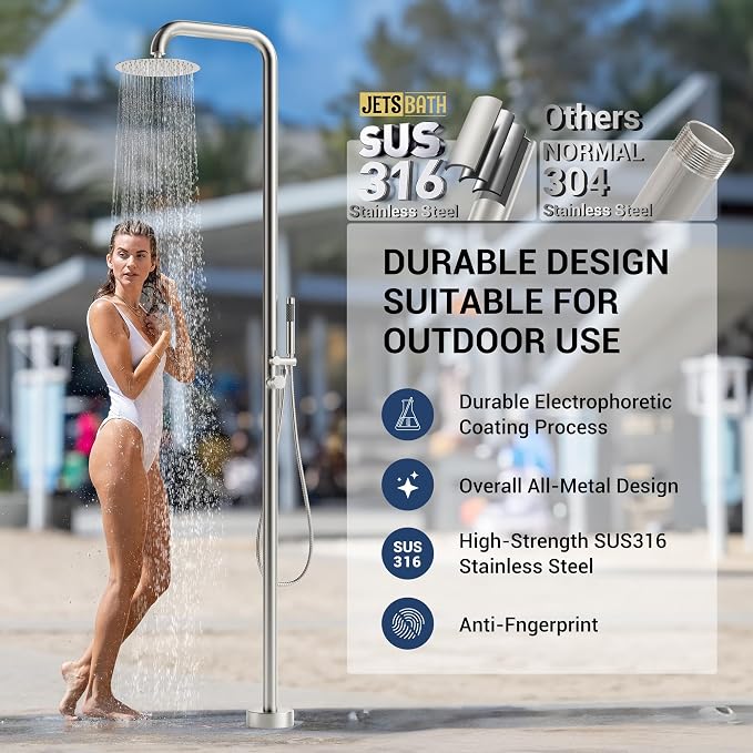 Freestanding Outdoor Shower Faucet Set, 316 Marine Grade Stainless Steel Outside Shower System for Backyard/Garden/Poolside/Beach,Outside Shower Faucet with Rain Shower Head & Handheld,Brushed Nickel