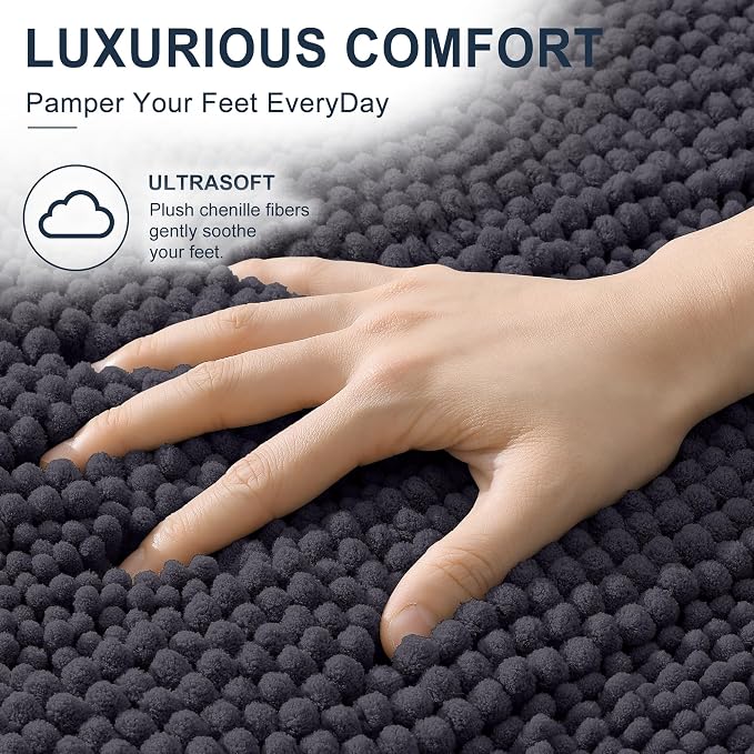 Smiry Thick Chenille Bathroom Runner Rugs 59x20, Soft Bath Mat, Dark Grey | Quick‑Dry & Machine Washable, Non‑Slip Bath Carpet, Striped Bath Rugs for Tub & Shower, Modern Home Decor Accessories