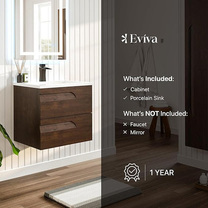 Eviva Joy 24 in. Rosewood Wall MountSingle Sink Bath Vanity with Porcelain Top and Integrated Sink