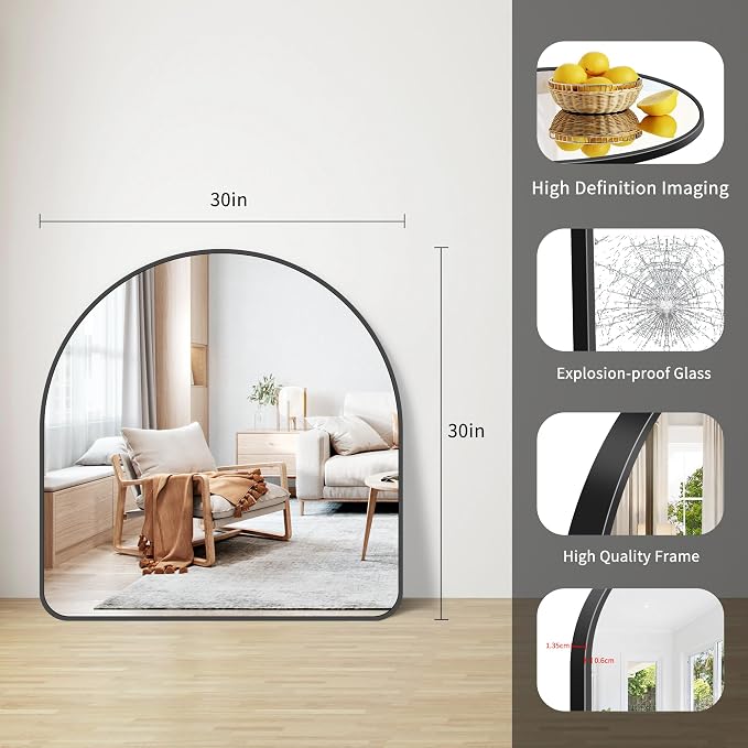 FORBATH Arched Bathroom Mirror 30x30 Inch, Bathroom Mirror Wall Mounted Modern Black Aluminum Frame Decor Dresser Mirror for Bedroom Living Room Entryway, Hanging or Leaning Against Wall