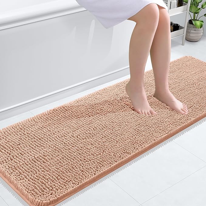 OLANLY Bathroom Runner Rugs 59x20, Extra Soft Absorbent Chenille Bath Rugs | Peach, Quick-Drying Rubber Backing, Machine Washable Long Bath Mat for Bathroom Floor, Tub and Shower, Home Decor Accessories