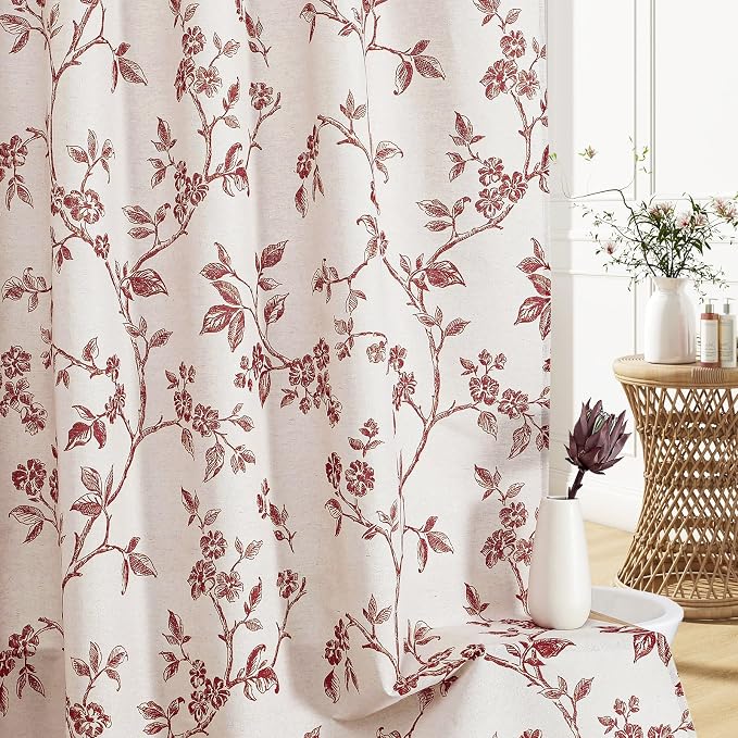 MitoVilla Burgundy Boho Shower Curtain Set, Cotton Floral Cottagecore Spring Shower Curtains for Bathroom, Modern Farmhouse Country Plant Leaves Bathroom Décor, 72" W x 72" L