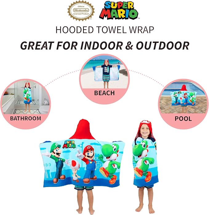 Super Mario Bath/Pool/Beach Soft Cotton Terry Hooded Towel Wrap, 24 in x 50 in, By Franco Kids