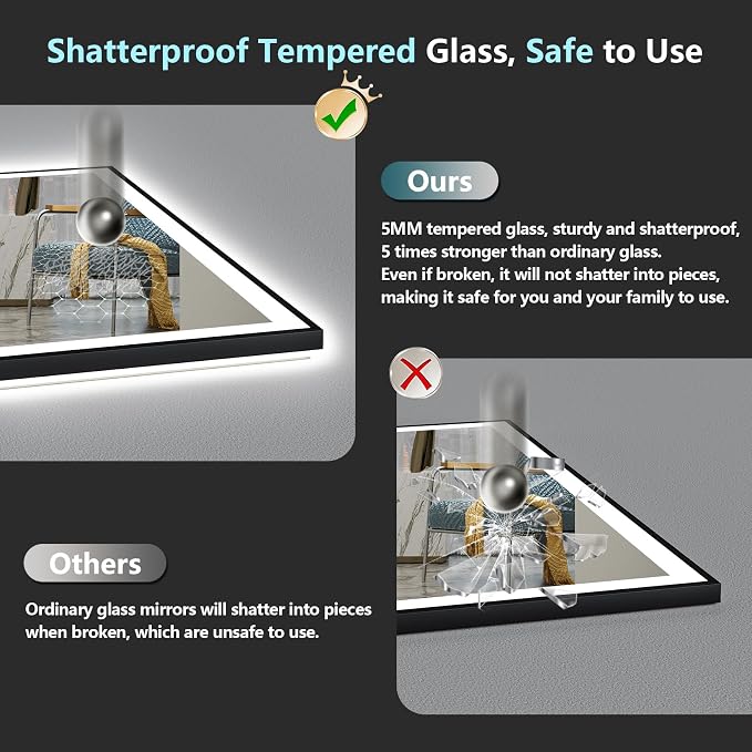 24x36 Black LED Bathroom Mirror, Backlit & Front Lit Lighted Mirror | Metal Framed Anti-Fog Vanity Mirror with Lights, 3 Color Dimmable, Memory, Tempered Glass, CRI95, IP54, Horizontal/Vertical