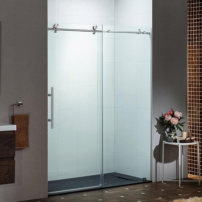 Woodbridge Frameless Single Sliding Shower Doors in Brushed Nickel Finish, 45.5-48" Width x 76" Height with 3/8"(10mm) Clear Tempered Glass, Soft Close System and Explosion-Proof Film, BSDC4876-B