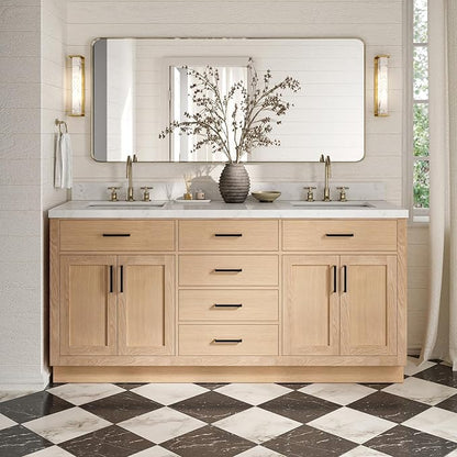 ARIEL Hepburn 72-inch Bathroom Vanity with Sink,Solid Wood, 1.5-inch Carrara White Quartz Countertop, Double Rectangular Porcelain Sink, 4 Soft Closing Doors, 6 Dovetail Drawers, White Oak