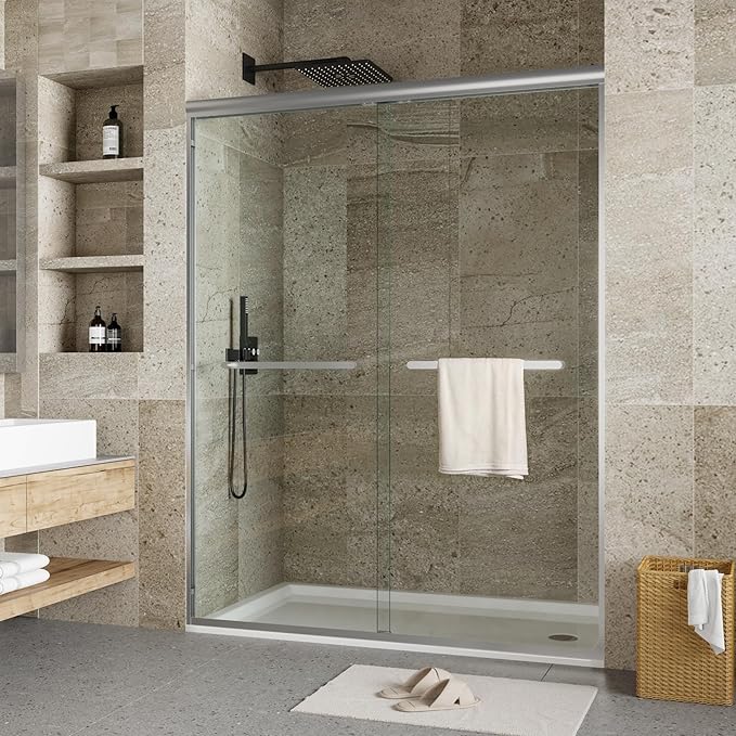 44" - 48" W x 72" H Semi-Frameless Double Sliding Shower Door, Bypass Walk-in Shower Enclosure with 1/4" Tempered Glass, Silver Finish