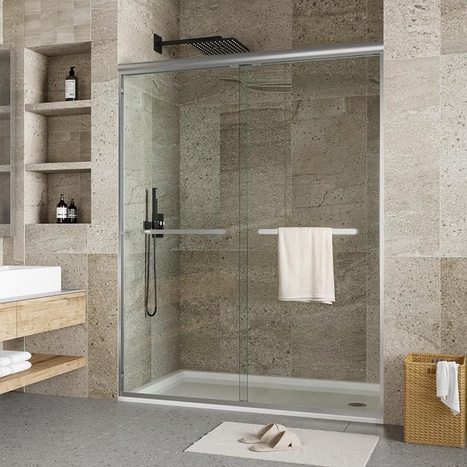 44-48" W x 72" H Fully Framed Sliding Shower Door, Dual 5/16" (8mm) Tempered Glass with Easy-Clean Coating, Brushed Nickel Aluminum Frame & Square Track, Bypass Space-Saver for Bathroom
