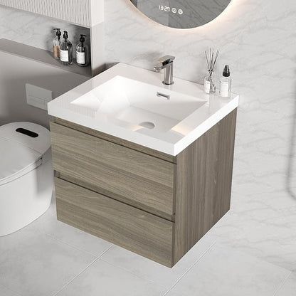 24 Inch Floating Bathroom Vanity with Sink, Large Storage Wall Mounted Floating Vanity with Soft Close Drawers, One-Piece Basin Bathroom Sink Cabinet (Ash Grey, 24 Inch)