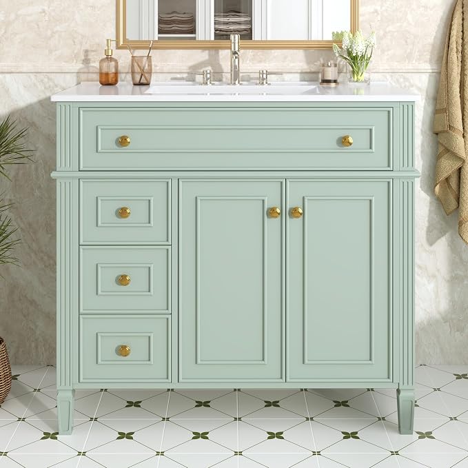 36" Bathroom Vanity Cabinet with Ceramic Countertop Sink Combo Set, Solid Wood Frame, Tilt-Out Drawers and Left Side Drawers, Soft Closing Door Hinges, Modern Style, Green