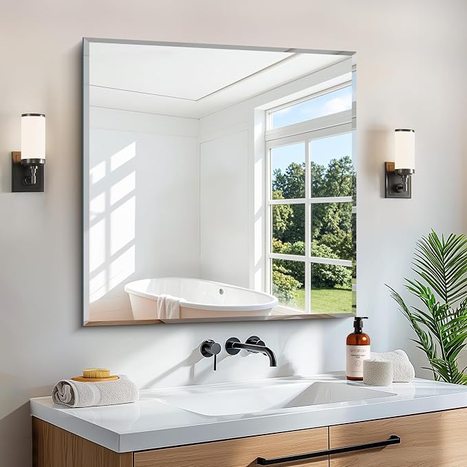 CILIBER Beveled Mirror, 30x30 Square Bathroom Mirrors for Wall, 3mm Tempered Glass Frameless Vanity Mirror Over Sink with Beveled Edge for Bathroom,Bedroom,Living Room and Entryway