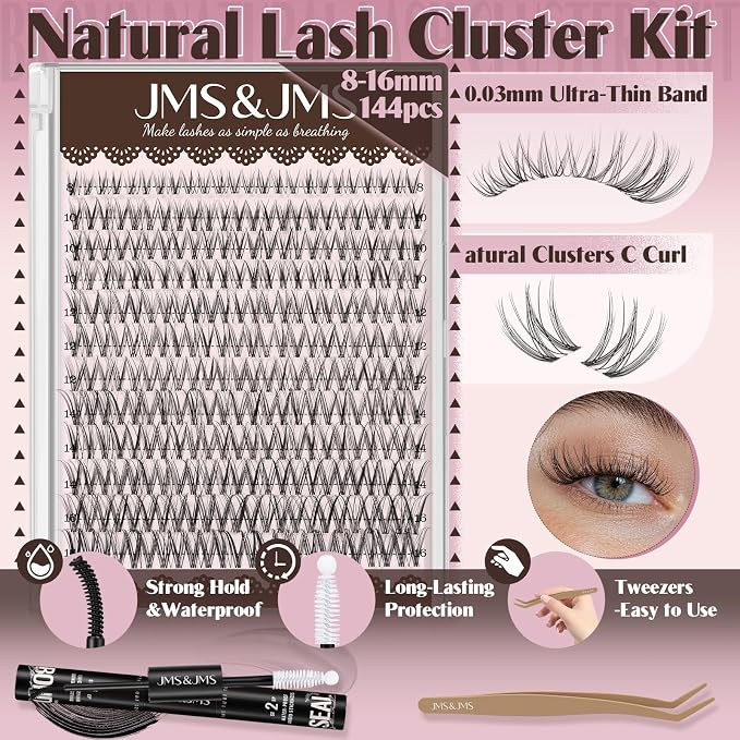 JMS&JMS Natural Lash Clusters Kit Wispy Lash Extension Kit | Clear Band Eyelash Clusters 8-16mix C Curl with Bond and Seal and Tweezers for Daily Exquisite