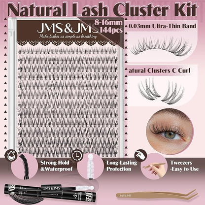 JMS&JMS Natural Lash Clusters Kit Wispy Lash Extension Kit | Clear Band Eyelash Clusters 8-16mix C Curl with Bond and Seal and Tweezers for Daily Exquisite