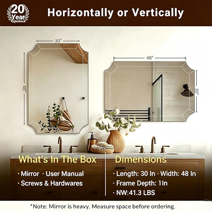 30x48 Scalloped Bathroom Mirror, Large Brushed Gold Mirror | Delicate Tessellated Glass Design, SUS304 Frame, Horizontal & Vertical