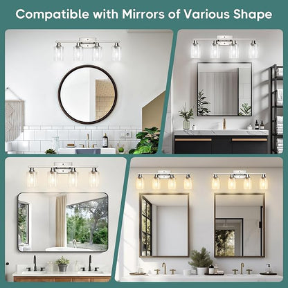 Ascher Bathroom Light Fixtures, 4-Light Vanity Light Over Mirror, Brushed Nickel Wall Sconces with Clear Glass Shades, Wall Lamp for Living Room Bedroom, E26 Base(Bulbs Not Included)