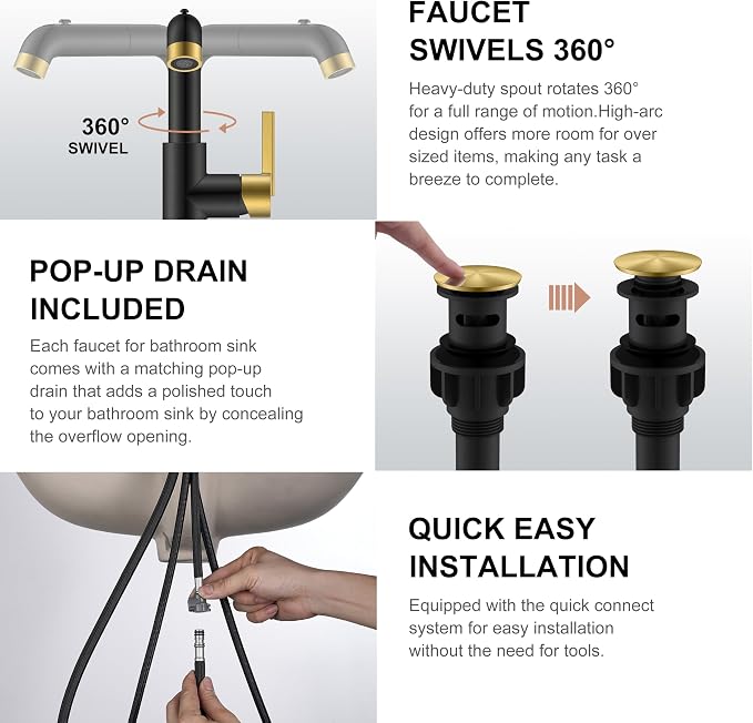 Black & Gold Pull Down Bathroom Faucet 1 Handle, 1 Hole Vanity Faucet | Pull Out Bathroom Faucet with Pop Up Drain & 6 Inch Deck Plate, Lead-Free cUPC & NSF Certified, 1 Hole Faucet for Vanity RV