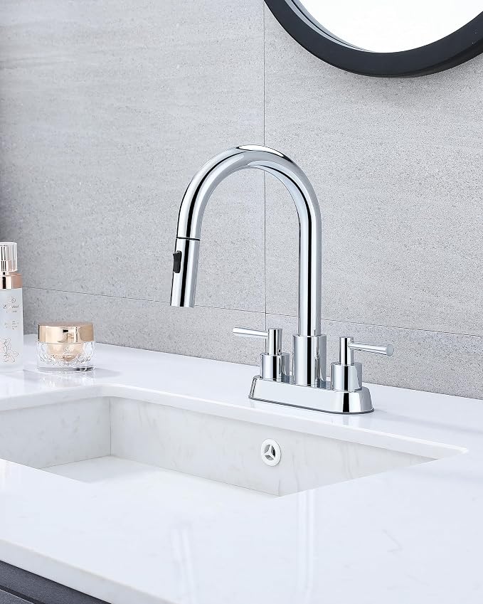 Bathroom Faucet with Pull Out Sprayer, Chrome Bathroom Faucet 3 Holes | Stainless Steel Lead-Free, 4 Inch Centerset Vanity Faucet, 2 Handle, Pop Up Drain, 3 Hole Faucet for RV Laundry Restroom