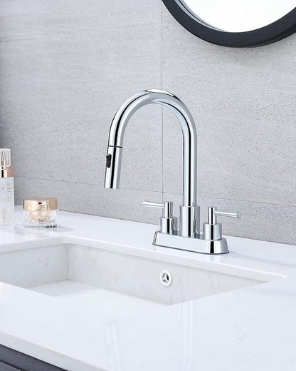 Bathroom Faucet with Pull Out Sprayer, Chrome Bathroom Faucet 3 Holes | Stainless Steel Lead-Free, 4 Inch Centerset Vanity Faucet, 2 Handle, Pop Up Drain, 3 Hole Faucet for RV Laundry Restroom
