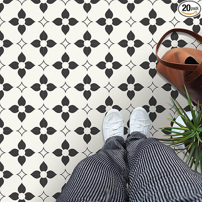 MORCART Peel and Stick Floor Tile Star Waterproof Vinyl Flooring DIY Flooring for Bathroom, Kitchen, Fireplace, Pet House, Stairs, Bedrooms, Wall, Store(20PCS,7.87" x 7.87",Black+White)