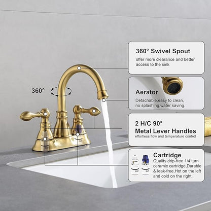 Two Handle Bathroom Sink Faucet 3 Hole with Overflow Pop up Drain, 360° Swivel Spout 4 Inch Centerset Lavatory Faucet Without Water Supply Lines,Brushed Gold,F-4501-CS