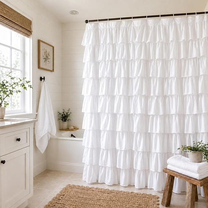 White Ruffle Shower Curtain for Bathroom,72 x 72 Inches, Farmhouse Style | 72" × 72", Brushed Microfiber, 12 buttonholes, Machine washable,12 C-hooks included, Double Layer Fabric, not See Through.