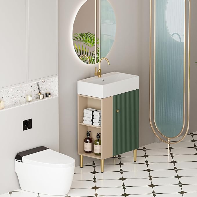 Merax 20 Inch Bathroom Vanity with Sink, Narrow Depth Bathroom Vanities,Wood Vanity Cabinet,Soft Closing Door,Freestanding Sink Cabinet W/Open Side Shelves, Dark Green