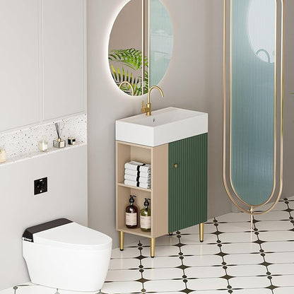 Merax 20 Inch Bathroom Vanity with Sink, Narrow Depth Bathroom Vanities,Wood Vanity Cabinet,Soft Closing Door,Freestanding Sink Cabinet W/Open Side Shelves, Dark Green
