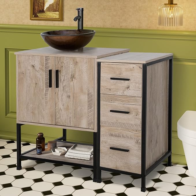 UEV 36" Bathroom Vanity, Oak Color Bathroom Vanity Set with Sink and 3 Drawers Side Cabinet Combo, with Adjustable Water Temperature Faucet (A09)