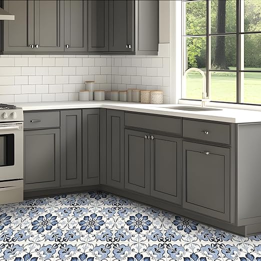 Blue Floral Scrollwork Peel and Stick Floor Tiles 12x12 Inch 10PCS | Blue and white floral scrollwork pattern vinyl floor stickers for kitchen bathroom entryway and indoor home decor