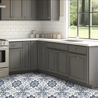 Blue Floral Scrollwork Peel and Stick Floor Tiles 12x12 Inch 10PCS | Blue and white floral scrollwork pattern vinyl floor stickers for kitchen bathroom entryway and indoor home decor
