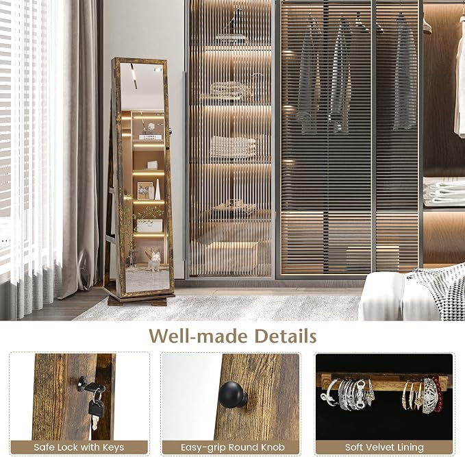 COSTWAY 360 Rotating Jewelry Armoire Cabinet, Standing Jewelry Organizer w/Full-Length Mirror & Large Storage Space, Lockable Mirror Jewelry Cabinet for Girls Women (Rustic Brown)