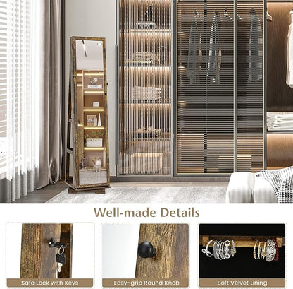 COSTWAY 360 Rotating Jewelry Armoire Cabinet, Standing Jewelry Organizer w/Full-Length Mirror & Large Storage Space, Lockable Mirror Jewelry Cabinet for Girls Women (Rustic Brown)