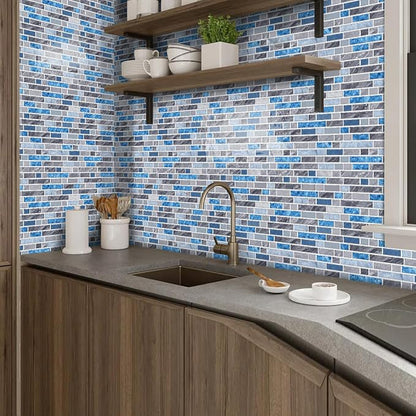 Alwayspon 10 Sheets 12" x12inch Grey and Blue Marble Effect Vinyl Tiles, Backsplash, Self-Adhesive Peel and Stick Wall Tile Stickers, Stick on Subway Tiles for Kitchen Bathroom Wall Decor