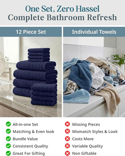 Casa Platino Bathroom Towel Set 12 Piece Soft Absorbent Quick Dry - Navy | Bath Towel Sets For Bathroom - Coordinated Colors, Dobby Border Accent, OEKO-TEX Certified, Ring-Spun Durability