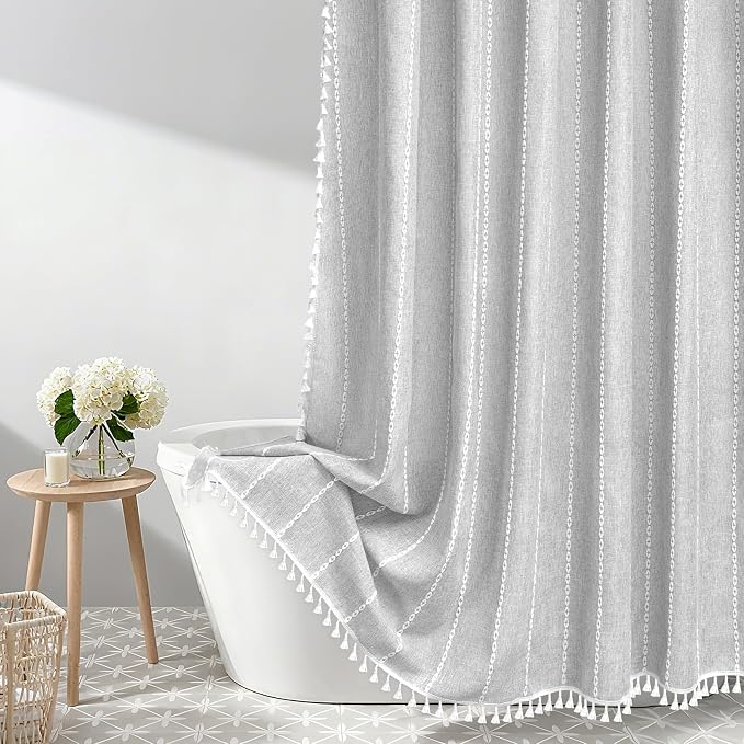 Seenus 72 x 84 inch Extra Long Boho Chic Shower Curtain Heavyweight with Tassels, Grey Linen Textured Fabric Farmhouse Shower Curtain, Elegant Gray & White Striped Bathroom Curtain Water Repellent