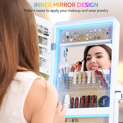 LVSOMT 14 RGB LED Mirror Jewelry Cabinet, Large Jewelry Armoire Standing | Lockable Full Length Mirror with Jewelry Storage, Space-Saving Jewelry Organizer Mirror, 14 RGB Lights, White
