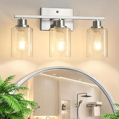 Ascher 3 Light Bathroom Light Fixture, Brushed Nickel Bathroom Lighting Fixtures Over Mirror, Vanity Light with Clear Glass Shade, Wall Sconce for Living Room Bedroom Cabinet, E26 Base