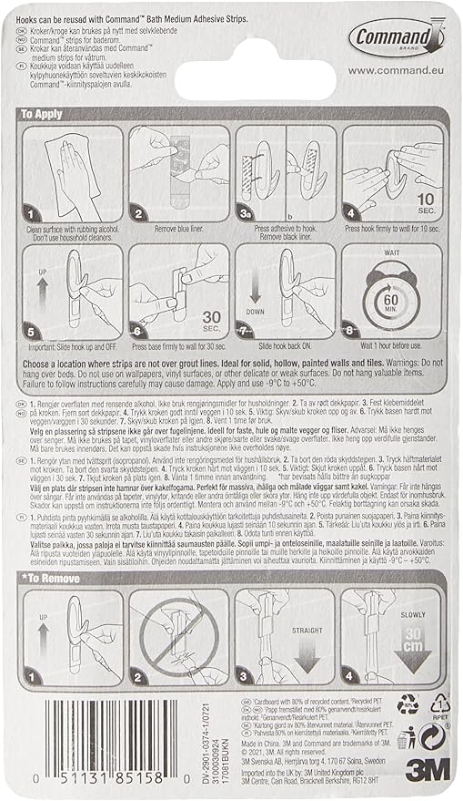 Command Designer Bath Hooks, Medium, White, 2-Hooks with Water-Resistant Strips (17081B-ES), Organize Your Dorm