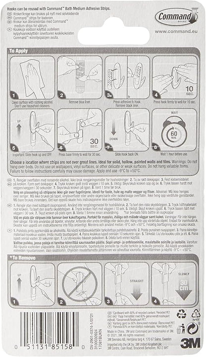 Command Designer Bath Hooks, Medium, White, 2-Hooks with Water-Resistant Strips (17081B-ES), Organize Your Dorm
