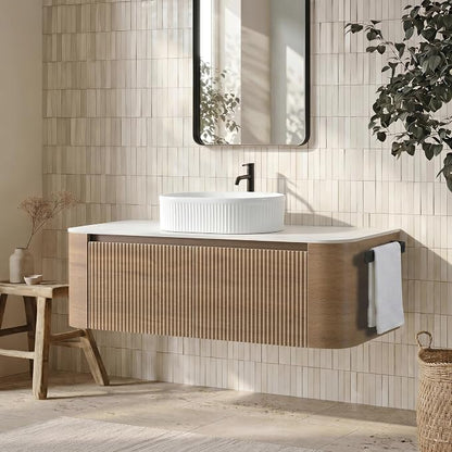 48" Floating Bathroom Vanity with White Sink, Honey Oak | Pre-Assembled Fluted Wall Mounted Vanity with Ceramic Vessel Sink, Rounded Edges, Soft-Close Drawer & Towel Rack